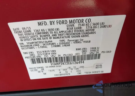2014 Ford Taurus Sho from USA, damaged, VIN 1FAHP2KT2EG126494